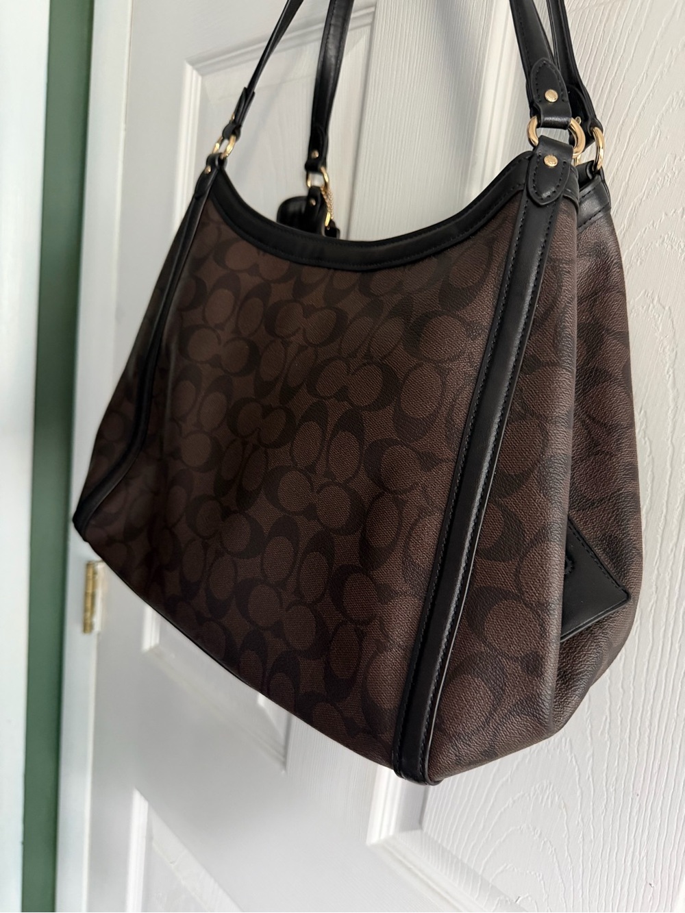Coach Dark Brown Signature Canvas Shoulder Bag with Black Trim - Picture 6 of 16